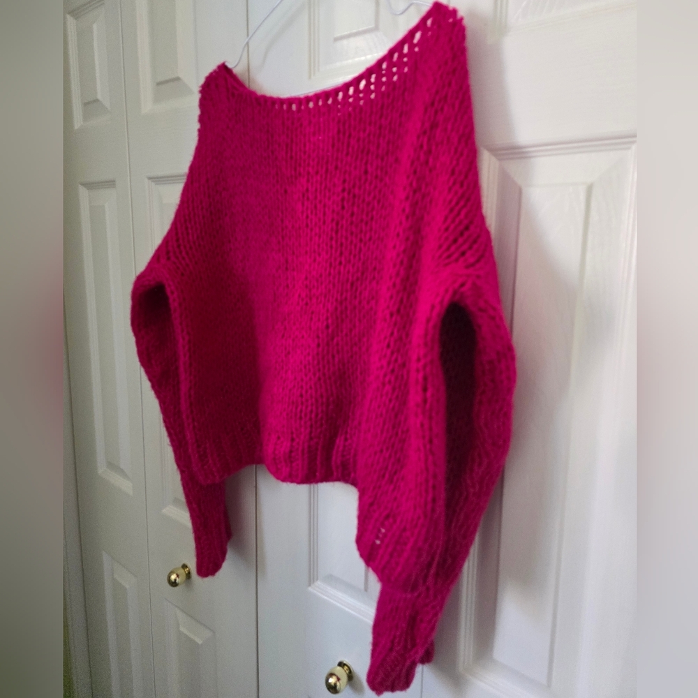 Fuchsia Pink Distressed Knit Sweater M - Picture 9 of 9